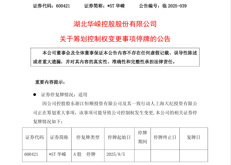 *ST华嵘(600421.SH)：继续停牌